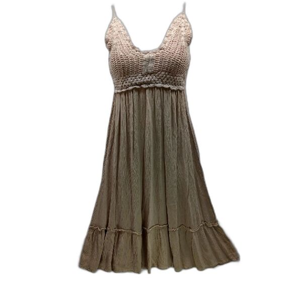 Blush Dresses & Skirts - Blush Crochet Top Smocked Rayon A-Line Midi Dress Ruffle Hem Woman's Small Tan..